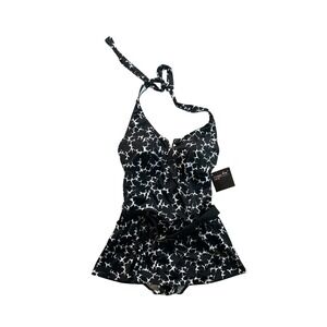 Shape FX Black White Floral Halter One-Piece Swim‎ Dress Swimsuit